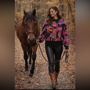 Farm Rio Anthropologie NWT Horses Fringe Sweater size S.